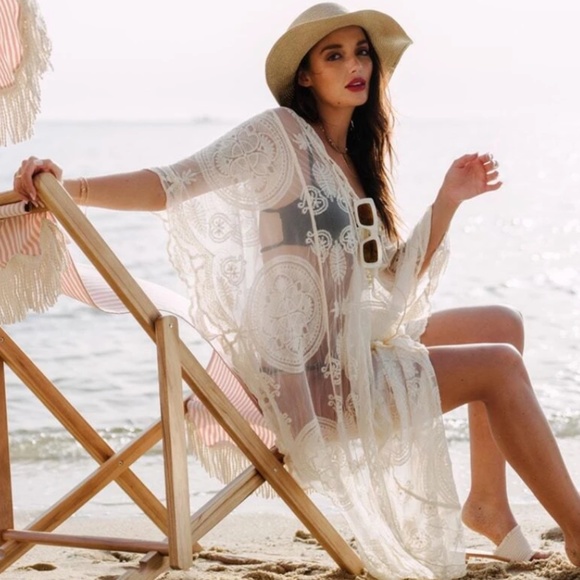 Boho Floral Embroidered Lace Beach Swim Cover up - Picture 2 of 5